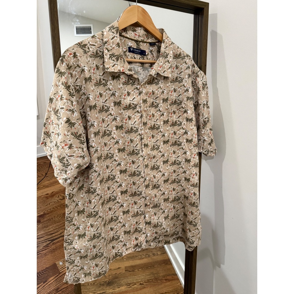 Cremieux Collection Mens XL Tan Tropical Palm Tree 100% Linen Short Sleeve Shirt